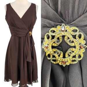 Vintage Maggy London Silk Dress with Ornate Brooch